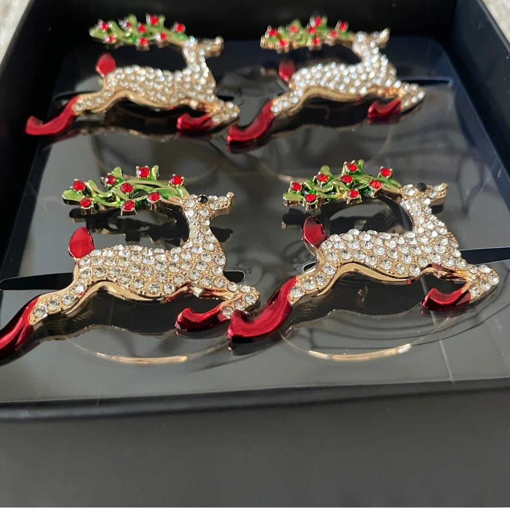 Nicole Miller Christmas Rhinestone Reindeer Napkin Rings Set of 4 Holiday Glam